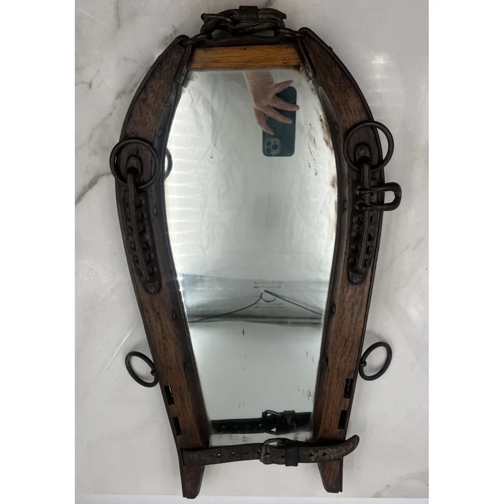 Antique Horse Harness Mirror Rustic Equestrian Decor Wood Iron Leather Wall Art